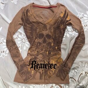 Y2K Gothic Grunge All Over Print Brown Thermal Skull Wings Graphic Long Sleeve
